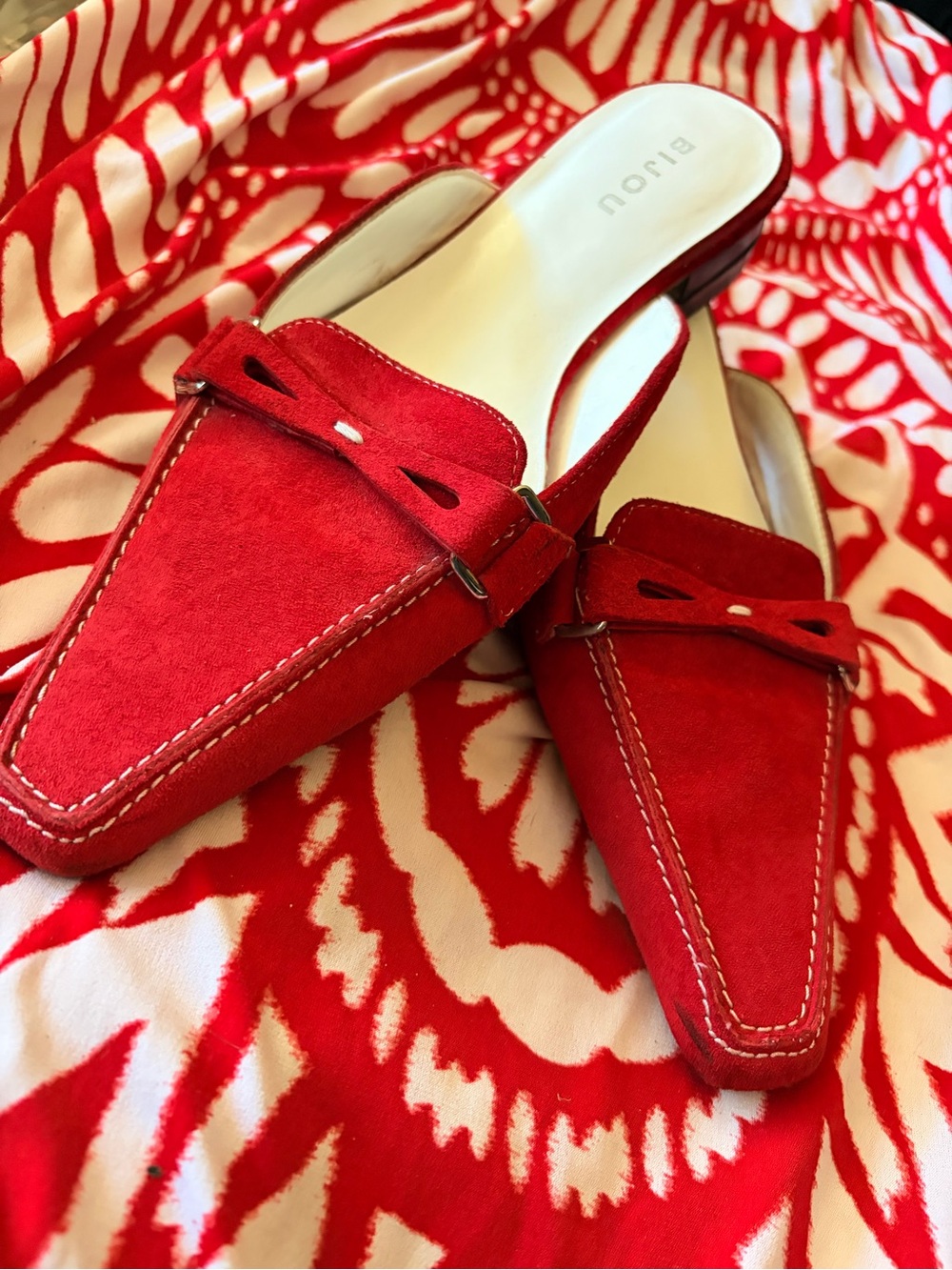 BIJOU Red Suede Pointed Mule with Bow Accent